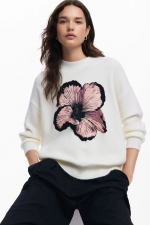 Pulover crem casual cu imprimeu floral