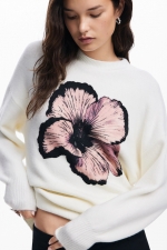 Pulover crem casual cu imprimeu floral