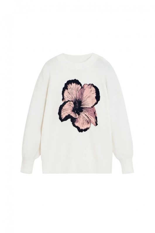 Pulover crem casual cu imprimeu floral