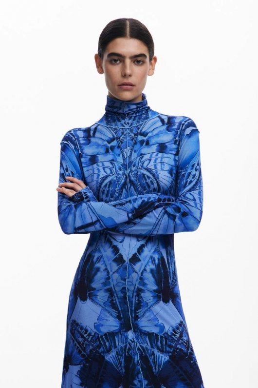 Rochie midi albastră cu imprimeu fluturi