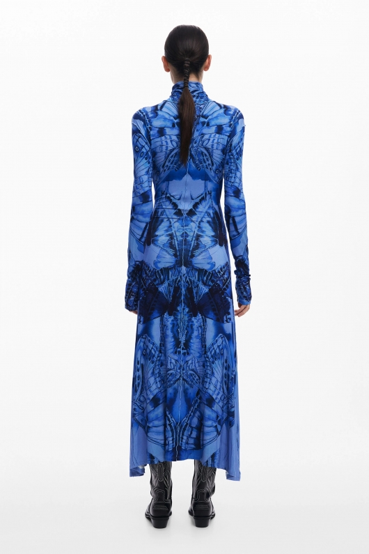 Rochie midi albastră cu imprimeu fluturi