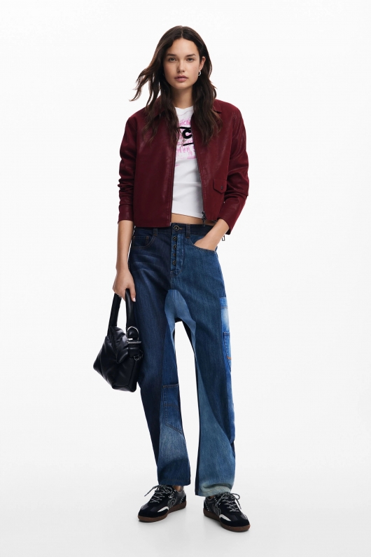 Blugi baggy albaștri patchwork cu buzunare