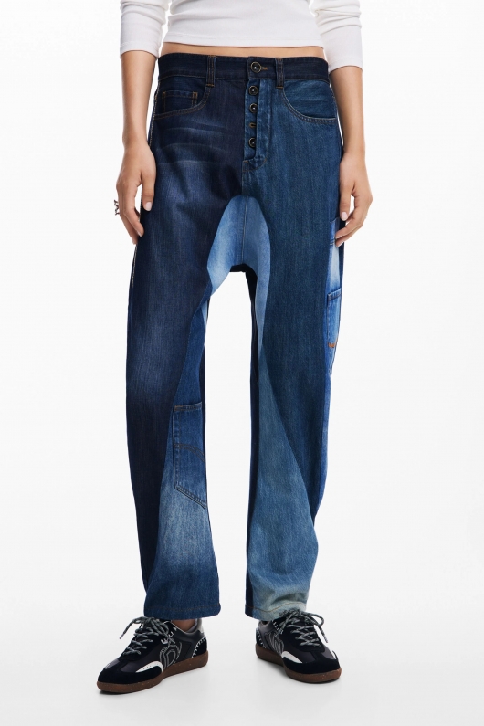 Blugi baggy albaștri patchwork cu buzunare