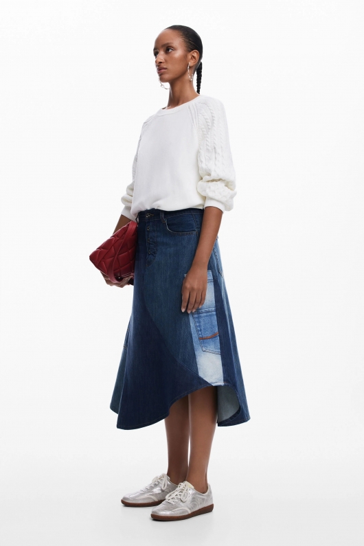 Fustă midi evazată din denim patchwork