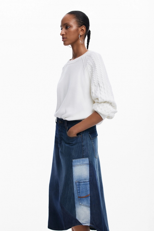 Fustă midi evazată din denim patchwork