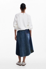 Fustă midi evazată din denim patchwork