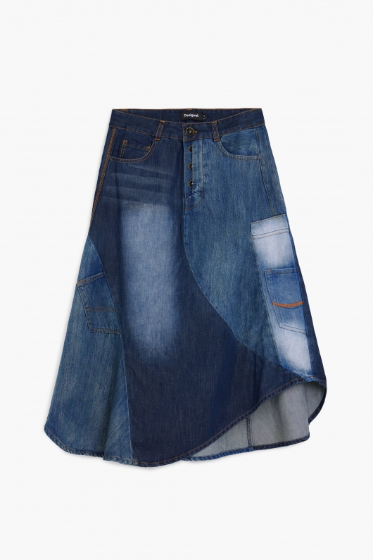 Fustă midi evazată din denim patchwork