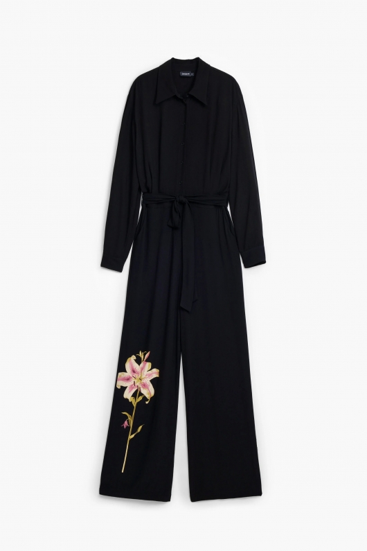 Salopetă neagră cu imprimeu floral și pantaloni evazați