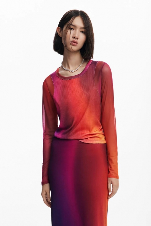 Fustă midi creion din tulle roz-mov gradient