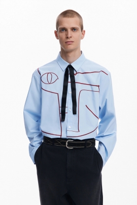 Cămașă bleu casual cu broderie abstractă