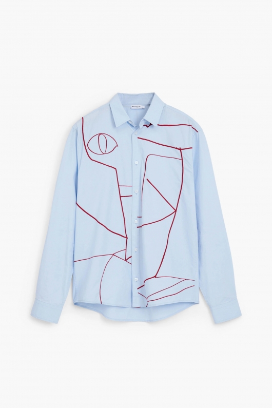 Cămașă bleu casual cu broderie abstractă