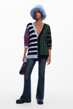 Cardigan casual în dungi multicolore cu nasturi