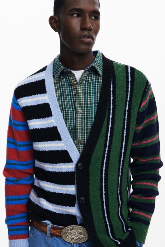 Cardigan casual în dungi multicolore cu nasturi