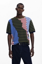 Tricou tricot multicolor cu dungi asimetrice