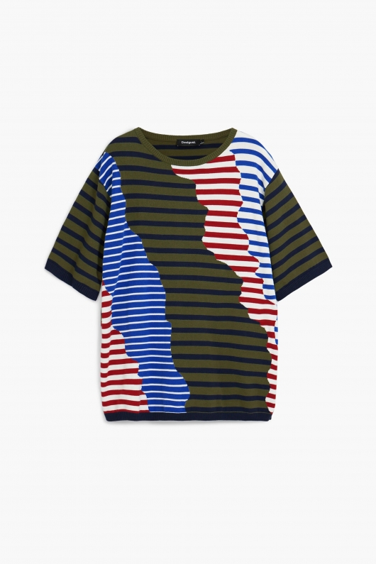 Tricou tricot multicolor cu dungi asimetrice