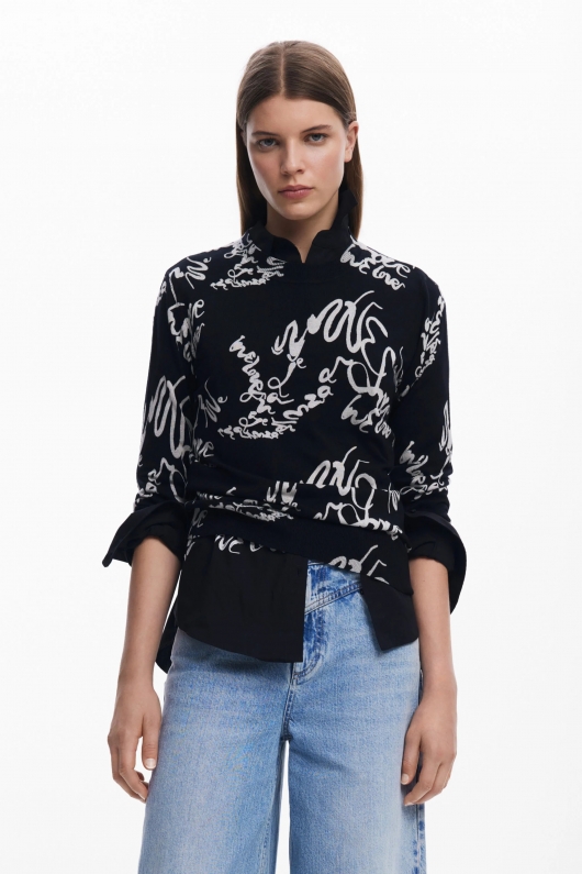 Pulover negru slim cu print artistic