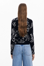 Pulover negru slim cu print artistic