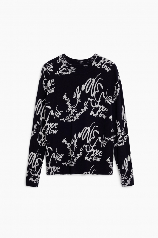 Pulover negru slim cu print artistic