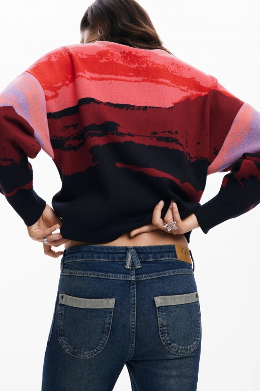 Pulover casual cu imprimeu multicolor și croi larg