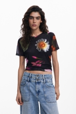 Tricou slim fit din tul cu print floral multicolor
