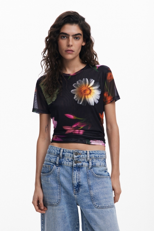 Tricou slim fit din tul cu print floral multicolor