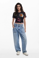 Tricou slim fit din tul cu print floral multicolor