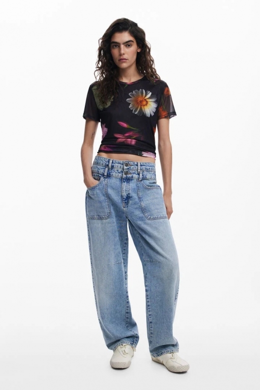 Tricou slim fit din tul cu print floral multicolor