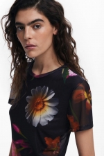 Tricou slim fit din tul cu print floral multicolor