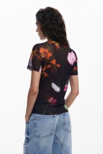 Tricou slim fit din tul cu print floral multicolor