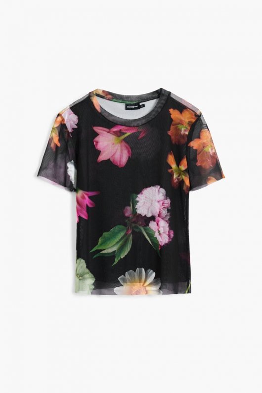 Tricou slim fit din tul cu print floral multicolor