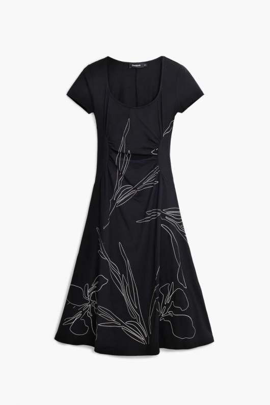 Rochie midi neagră cu imprimeu floral și fronseuri