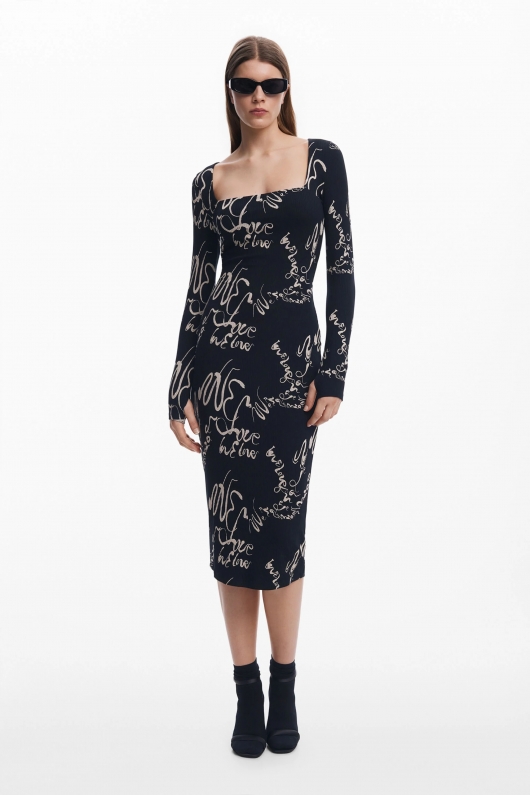 Rochie midi mulată cu imprimeu artistic multicolor