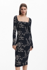 Rochie midi mulată cu imprimeu artistic multicolor