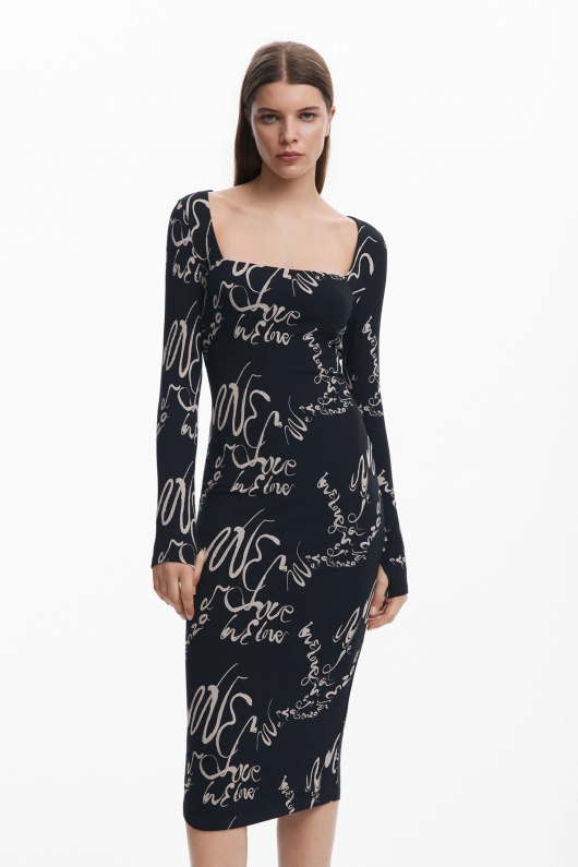 Rochie midi mulată cu imprimeu artistic multicolor