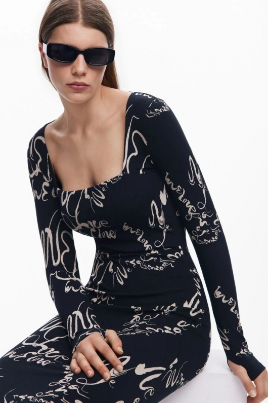 Rochie midi mulată cu imprimeu artistic multicolor