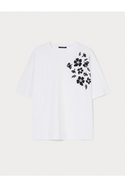 Tricou alb cu broderie florală și mâneci kimono
