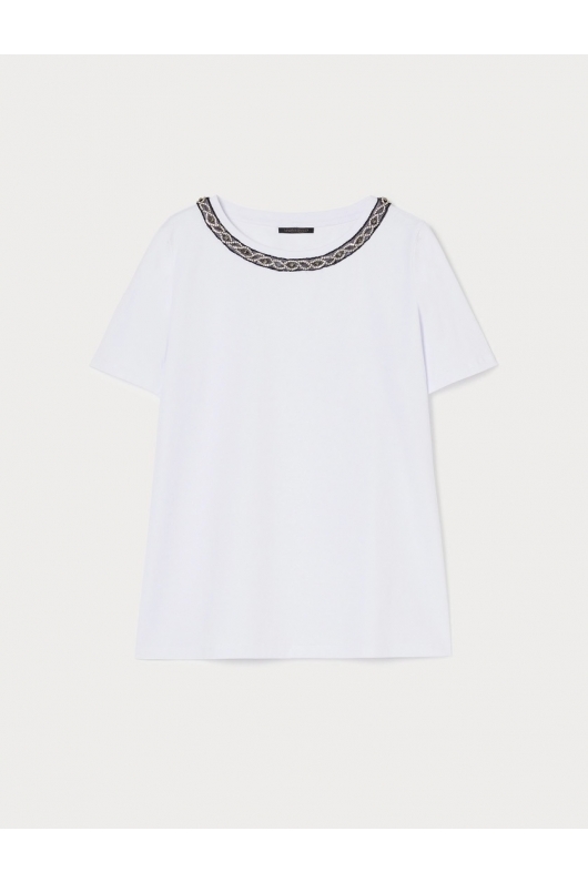 Tricou alb cu broderie cu pietre și mâneci scurte