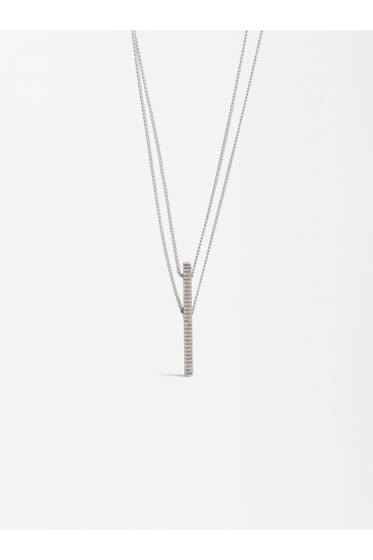 Colier dublu argintiu cu pandantiv bară zirconiu