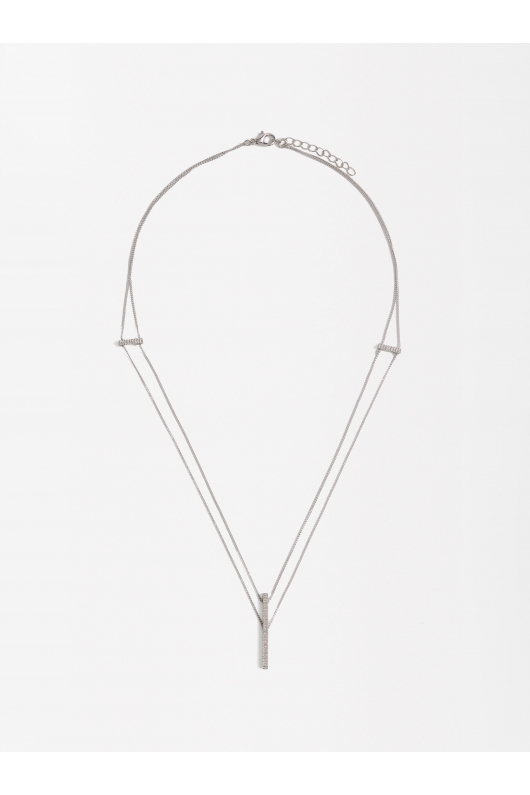 Colier dublu argintiu cu pandantiv bară zirconiu