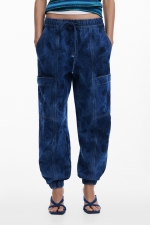 Pantaloni jogger denim albastru cu talie elastică
