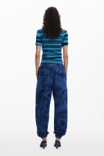 Pantaloni jogger denim albastru cu talie elastică