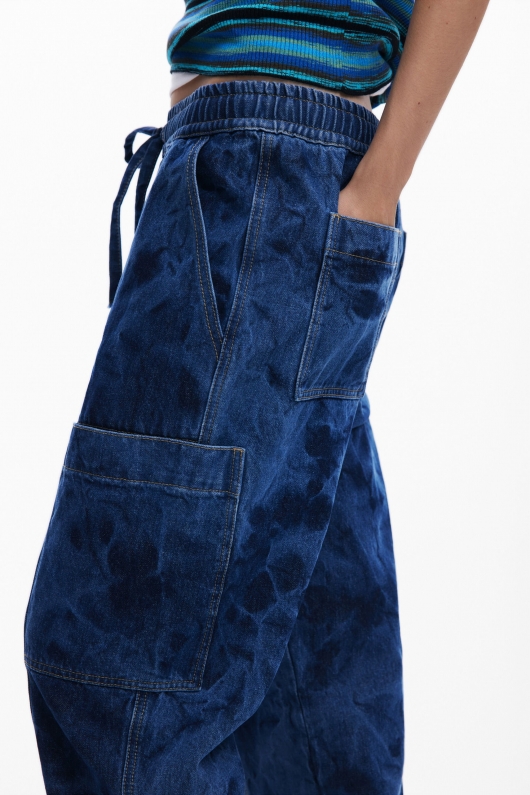 Pantaloni jogger denim albastru cu talie elastică