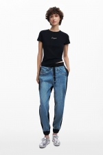 Pantaloni jogger denim albastru cu talie elastică