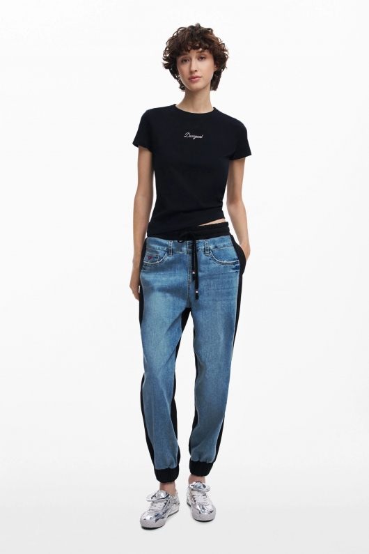 Pantaloni jogger denim albastru cu talie elastică