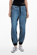 Pantaloni jogger denim albastru cu talie elastică