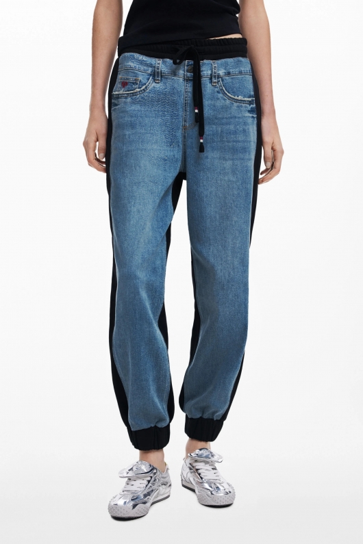 Pantaloni jogger denim albastru cu talie elastică
