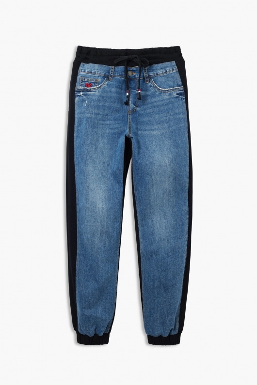Pantaloni jogger denim albastru cu talie elastică