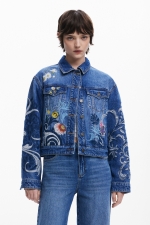 Jachetă scurtă din denim albastru cu broderie