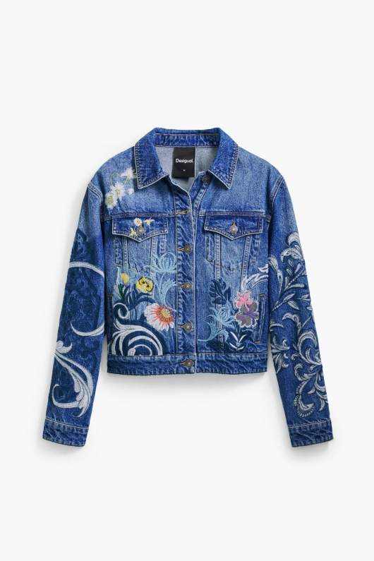Jachetă scurtă din denim albastru cu broderie