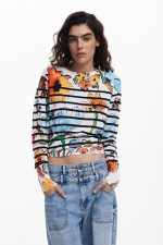 Pulover multicolor cu dungi și flori